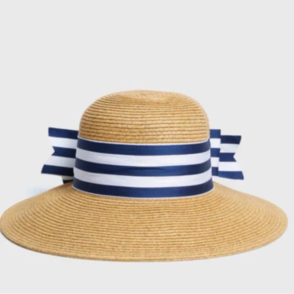 Tuckernuck: Striped Ribbon Wide-Brim Straw Sun Hat - Navy & White - Picture 1 of 6
